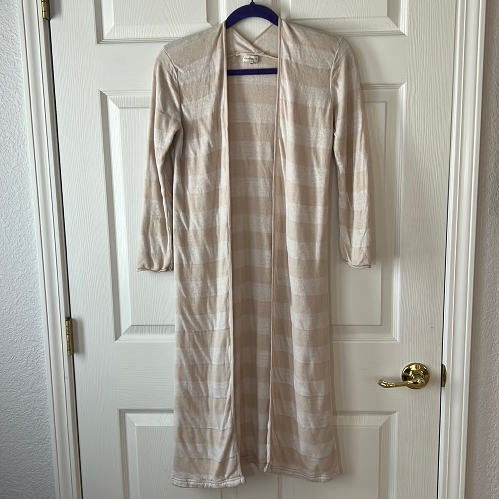Garnet Hill 100% LINEN Cream & Tan Striped Long Cardigan Open Duster, Sz XS